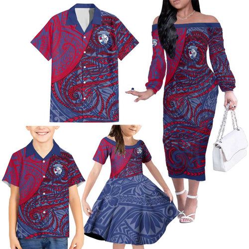 Custom Western Bulldogs Mascot Family Matching Off The Shoulder Long Sleeve Dress and Hawaiian Shirt Polynesian Tribal Swirl Dynamic - Bulldog Football