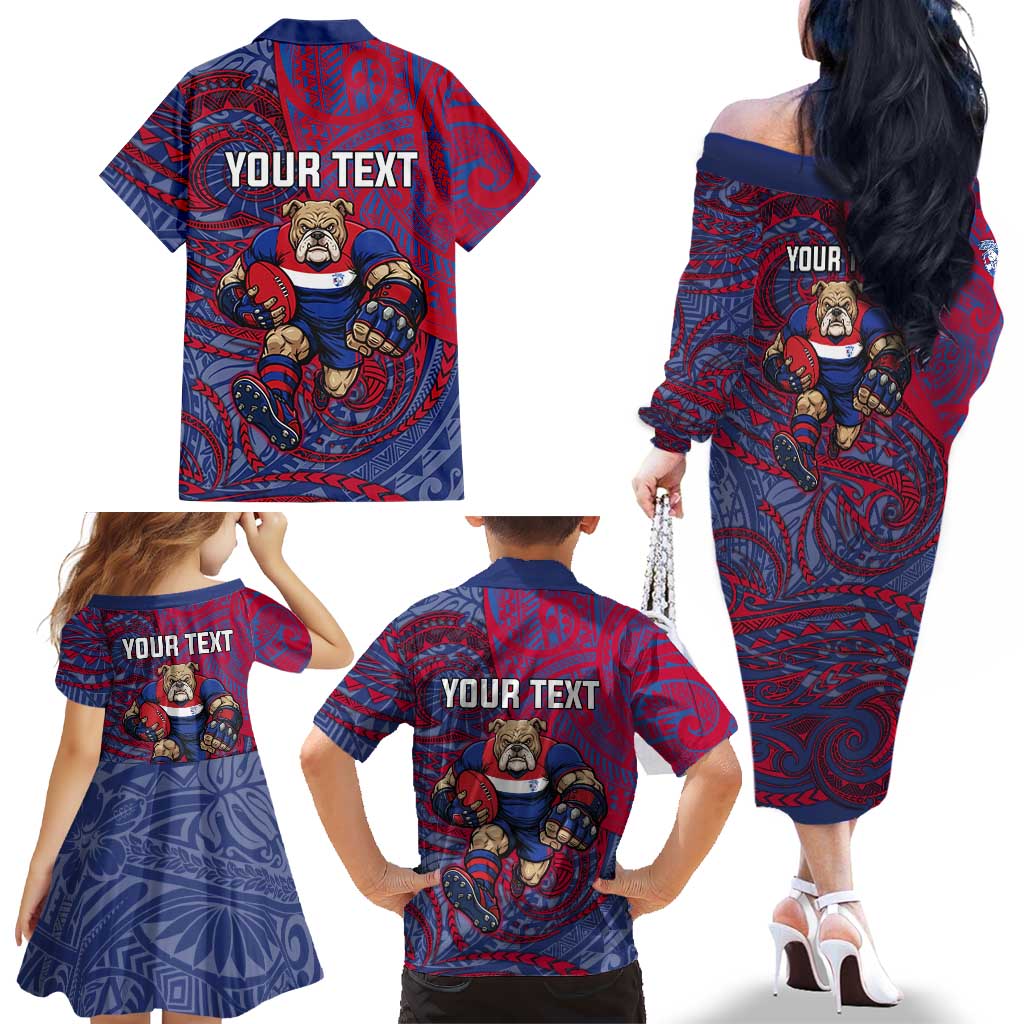 Custom Western Bulldogs Mascot Family Matching Off The Shoulder Long Sleeve Dress and Hawaiian Shirt Polynesian Tribal Swirl Dynamic - Bulldog Football