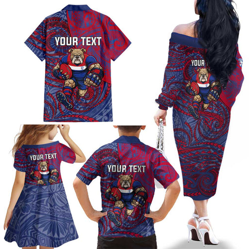 Custom Western Bulldogs Mascot Family Matching Off The Shoulder Long Sleeve Dress and Hawaiian Shirt Polynesian Tribal Swirl Dynamic - Bulldog Football