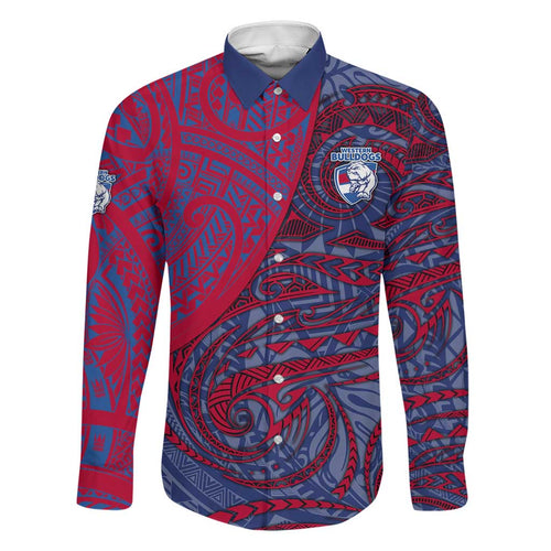 Custom Western Bulldogs Mascot Family Matching Off The Shoulder Long Sleeve Dress and Hawaiian Shirt Polynesian Tribal Swirl Dynamic - Bulldog Football