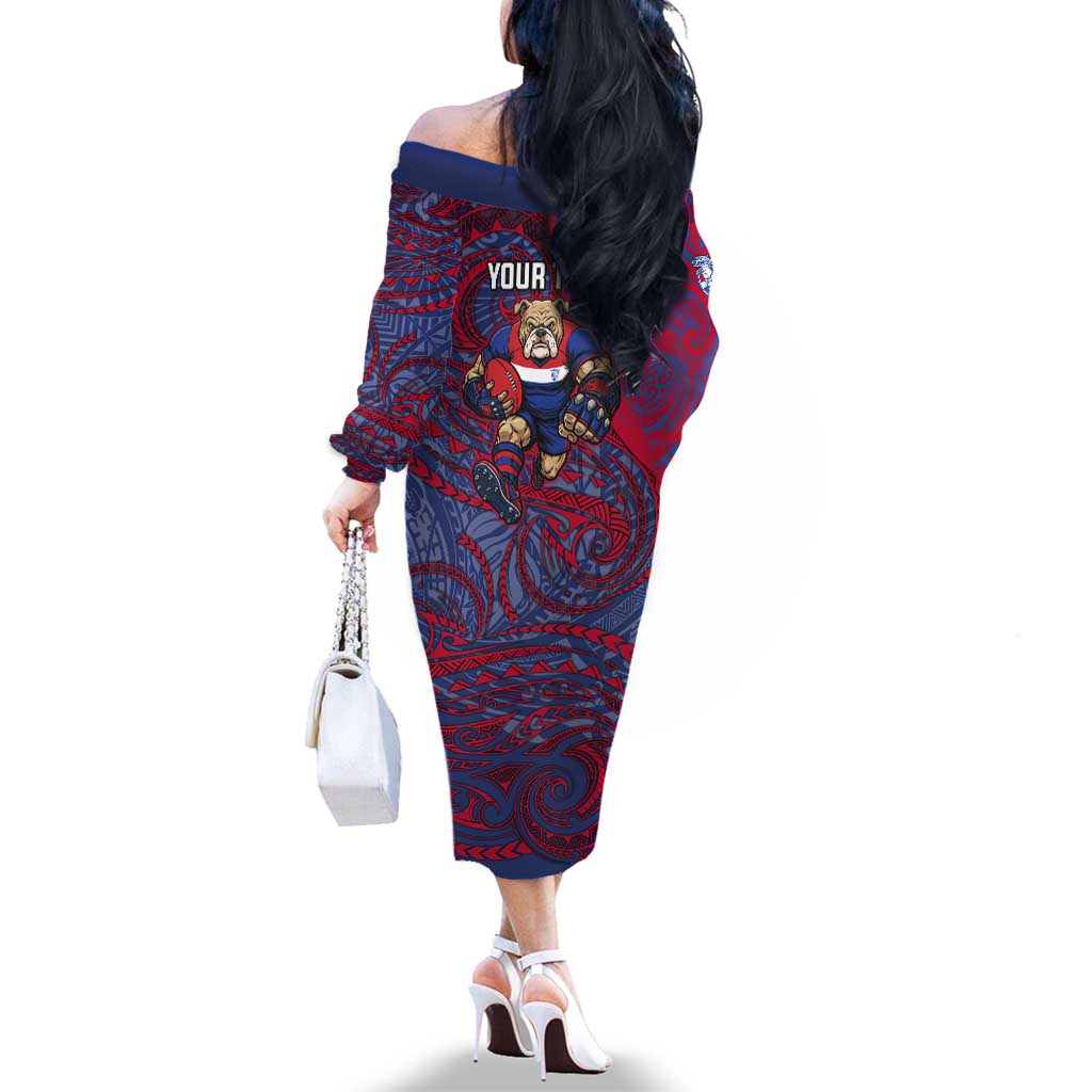 Custom Western Bulldogs Mascot Family Matching Off The Shoulder Long Sleeve Dress and Hawaiian Shirt Polynesian Tribal Swirl Dynamic - Bulldog Football