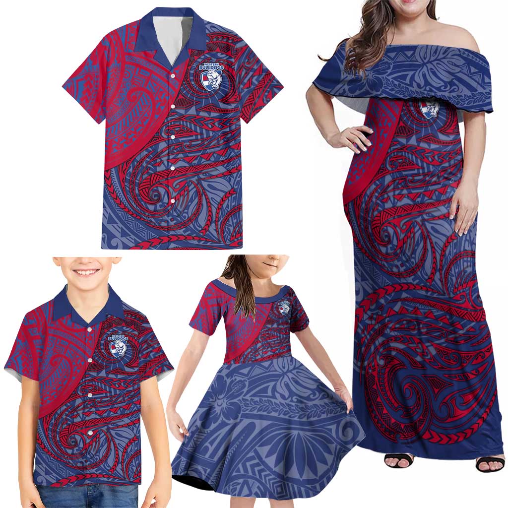 Custom Western Bulldogs Mascot Family Matching Off Shoulder Maxi Dress and Hawaiian Shirt Polynesian Tribal Swirl Dynamic - Bulldog Football
