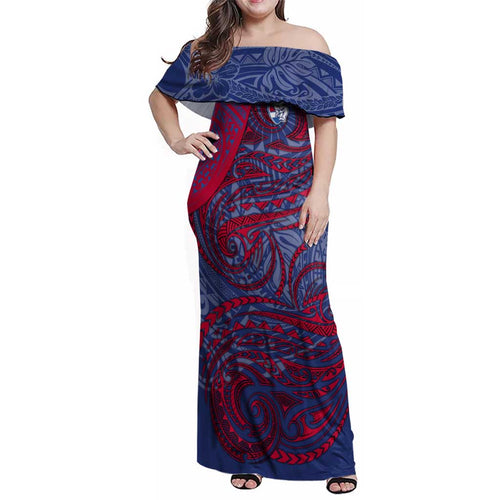 Custom Western Bulldogs Mascot Family Matching Off Shoulder Maxi Dress and Hawaiian Shirt Polynesian Tribal Swirl Dynamic - Bulldog Football