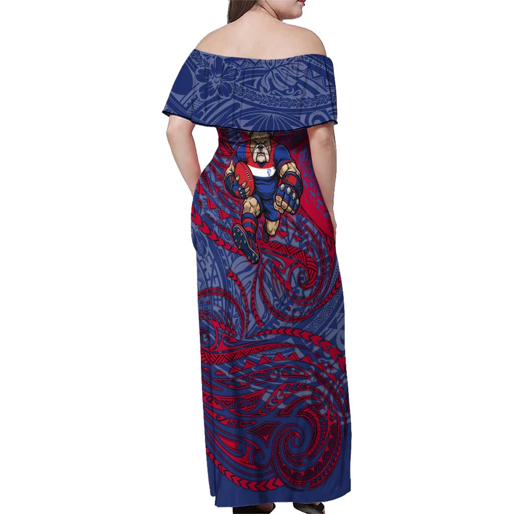Custom Western Bulldogs Mascot Family Matching Off Shoulder Maxi Dress and Hawaiian Shirt Polynesian Tribal Swirl Dynamic - Bulldog Football