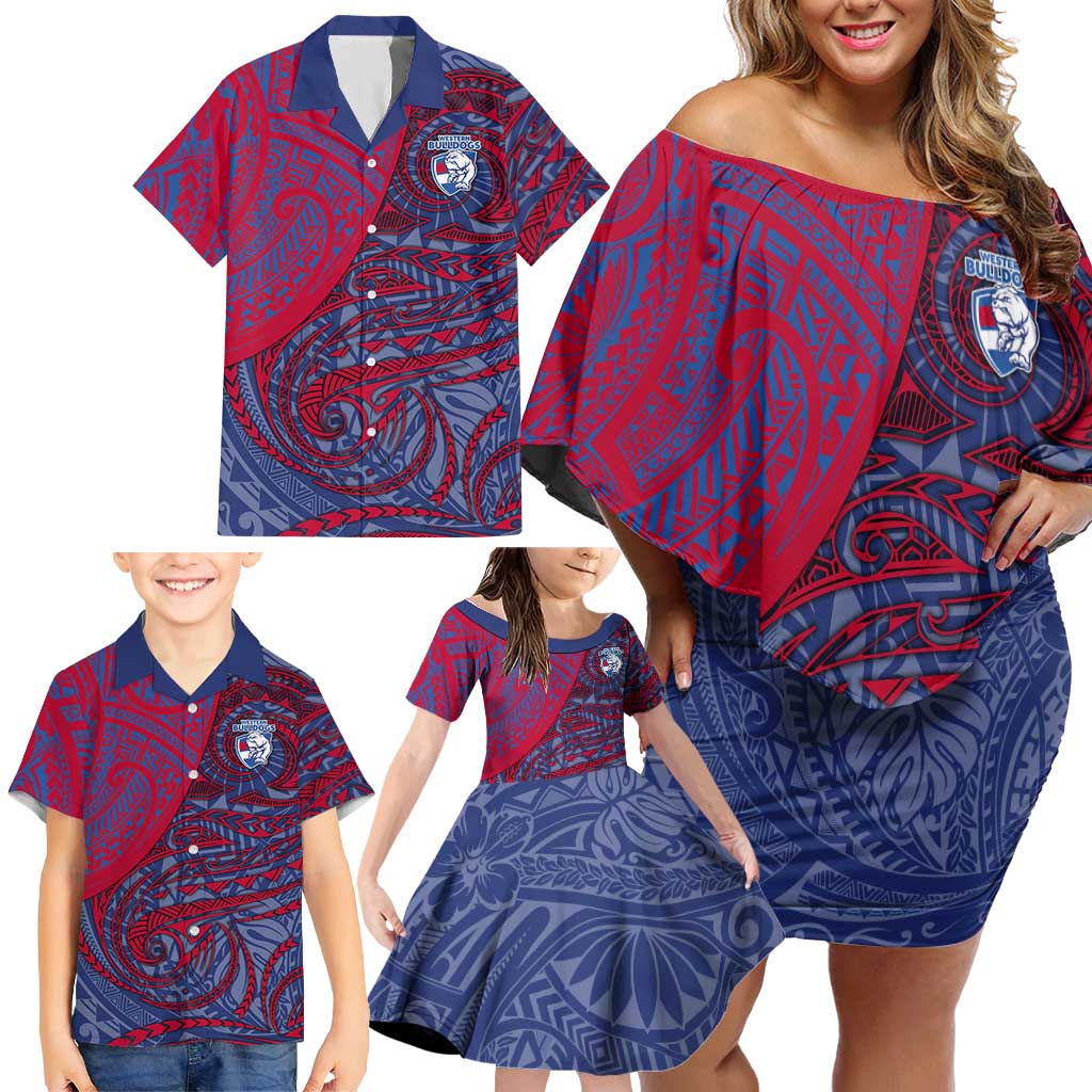 Custom Western Bulldogs Mascot Family Matching Off Shoulder Short Dress and Hawaiian Shirt Polynesian Tribal Swirl Dynamic - Bulldog Football