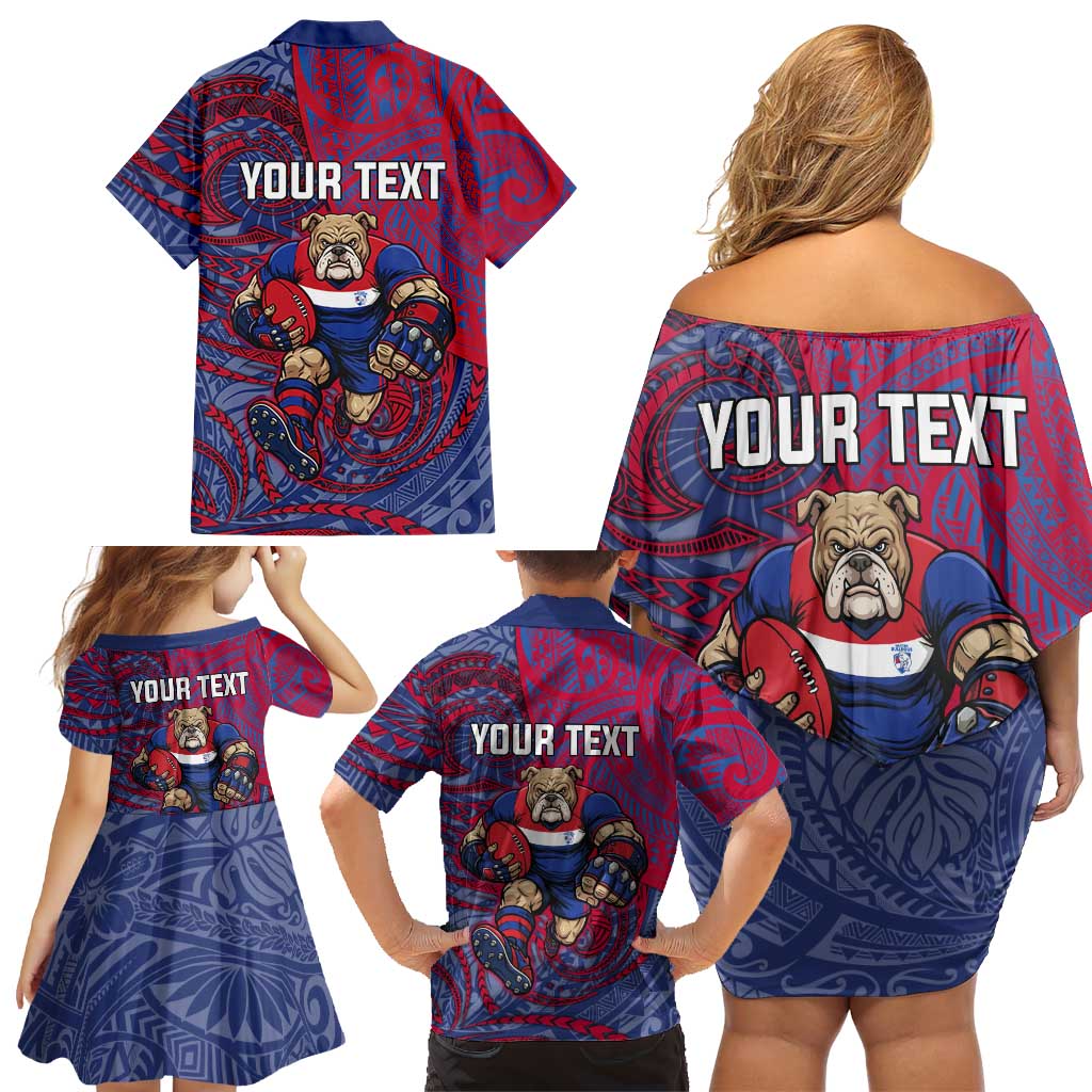 Custom Western Bulldogs Mascot Family Matching Off Shoulder Short Dress and Hawaiian Shirt Polynesian Tribal Swirl Dynamic - Bulldog Football