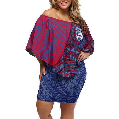 Custom Western Bulldogs Mascot Family Matching Off Shoulder Short Dress and Hawaiian Shirt Polynesian Tribal Swirl Dynamic - Bulldog Football