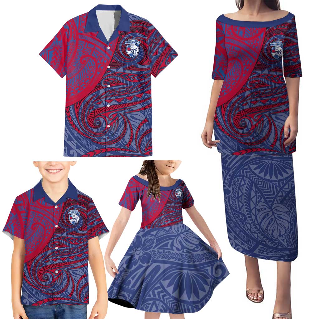 Custom Western Bulldogs Mascot Family Matching Puletasi and Hawaiian Shirt Polynesian Tribal Swirl Dynamic - Bulldog Football