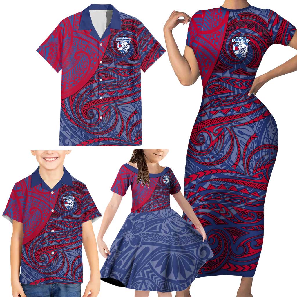 Custom Western Bulldogs Mascot Family Matching Short Sleeve Bodycon Dress and Hawaiian Shirt Polynesian Tribal Swirl Dynamic - Bulldog Football