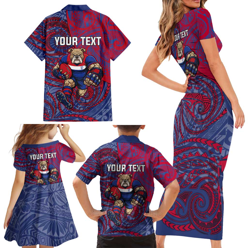Custom Western Bulldogs Mascot Family Matching Short Sleeve Bodycon Dress and Hawaiian Shirt Polynesian Tribal Swirl Dynamic - Bulldog Football