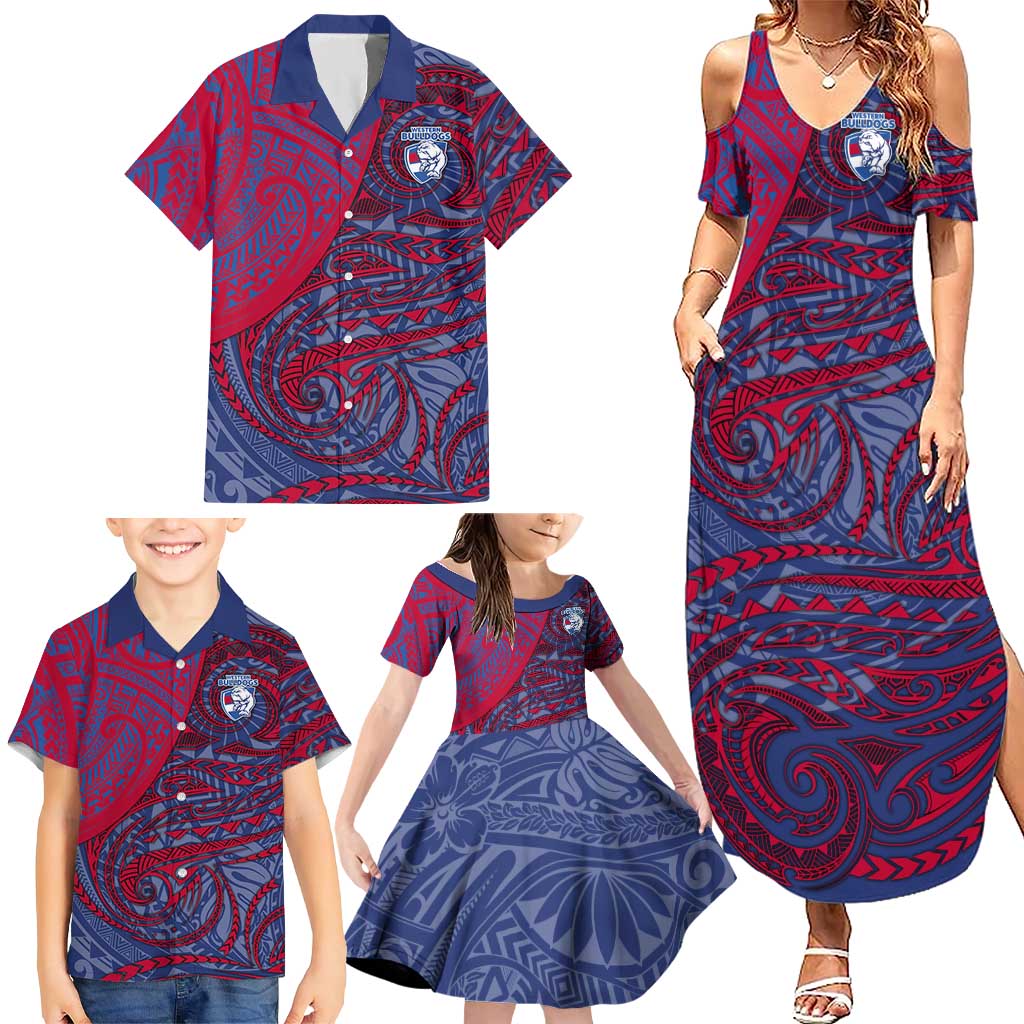 Custom Western Bulldogs Mascot Family Matching Summer Maxi Dress and Hawaiian Shirt Polynesian Tribal Swirl Dynamic - Bulldog Football