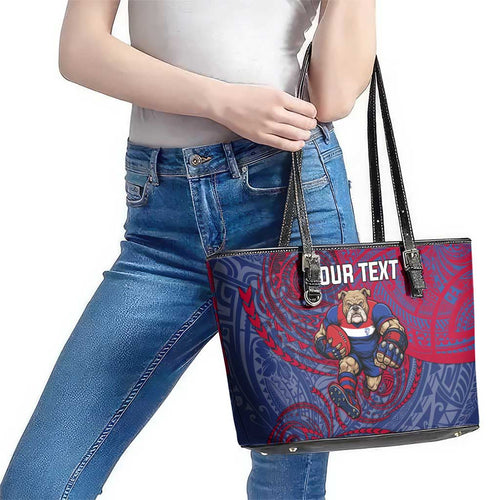 Custom Western Bulldogs Mascot Leather Tote Bag Polynesian Tribal Swirl Dynamic - Bulldog Football