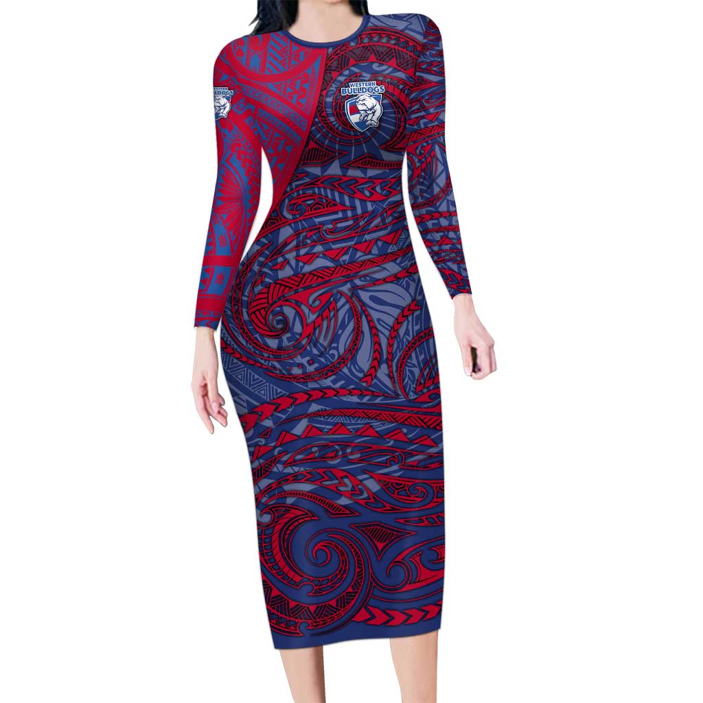 Custom Western Bulldogs Mascot Long Sleeve Bodycon Dress Polynesian Tribal Swirl Dynamic - Bulldog Football
