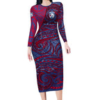 Custom Western Bulldogs Mascot Long Sleeve Bodycon Dress Polynesian Tribal Swirl Dynamic - Bulldog Football