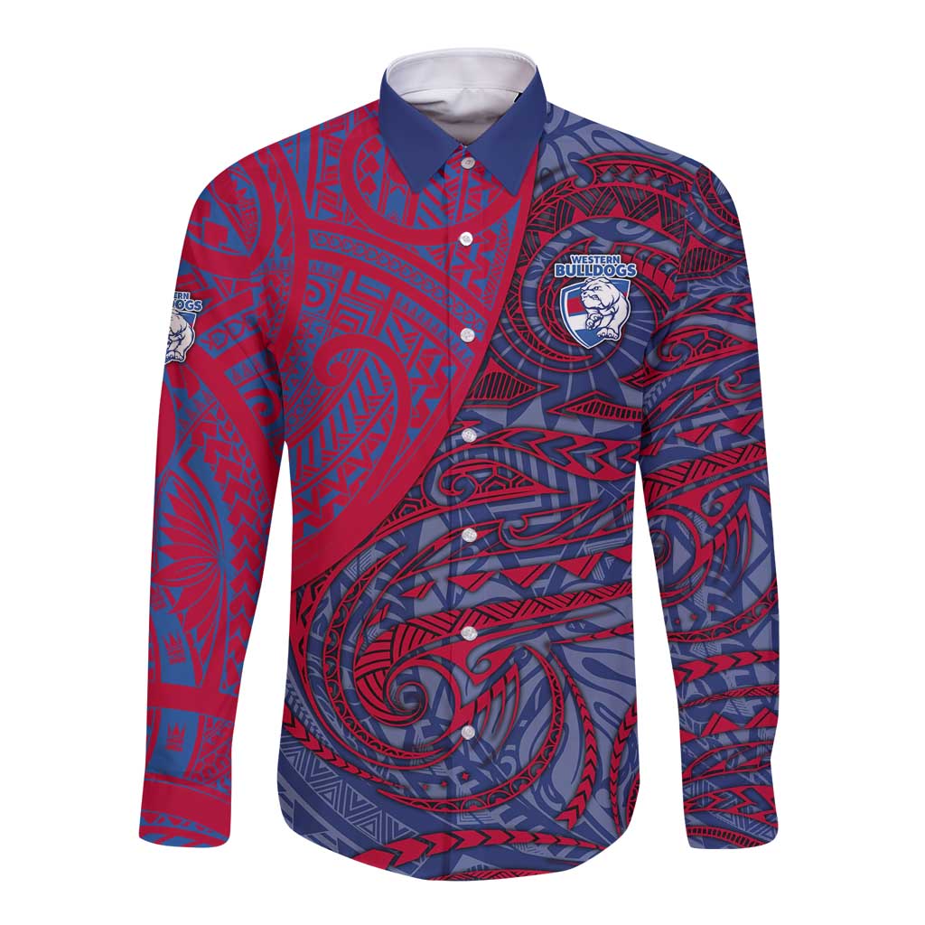 Custom Western Bulldogs Mascot Long Sleeve Button Shirt Polynesian Tribal Swirl Dynamic - Bulldog Football