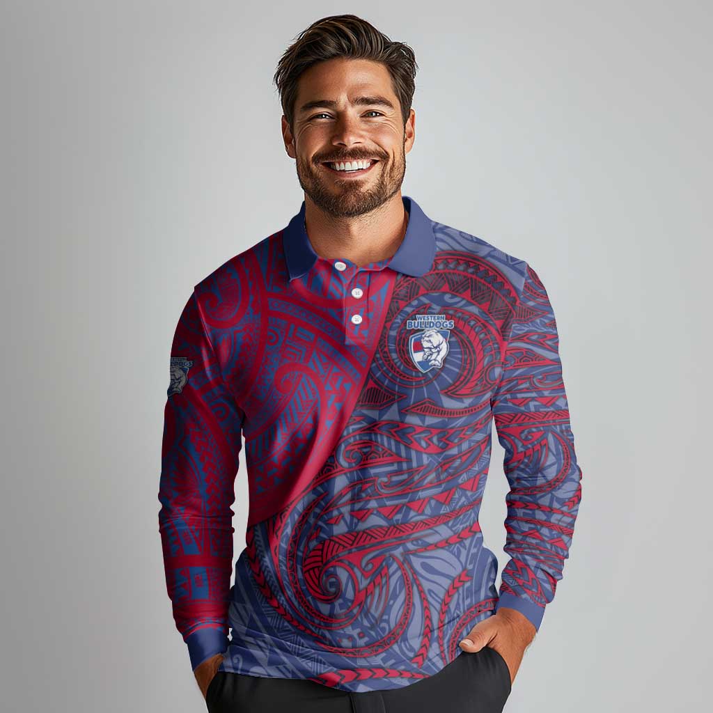 Custom Western Bulldogs Mascot Long Sleeve Polo Shirt Polynesian Tribal Swirl Dynamic - Bulldog Football
