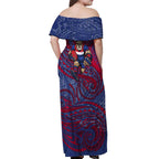Custom Western Bulldogs Mascot Off Shoulder Maxi Dress Polynesian Tribal Swirl Dynamic - Bulldog Football