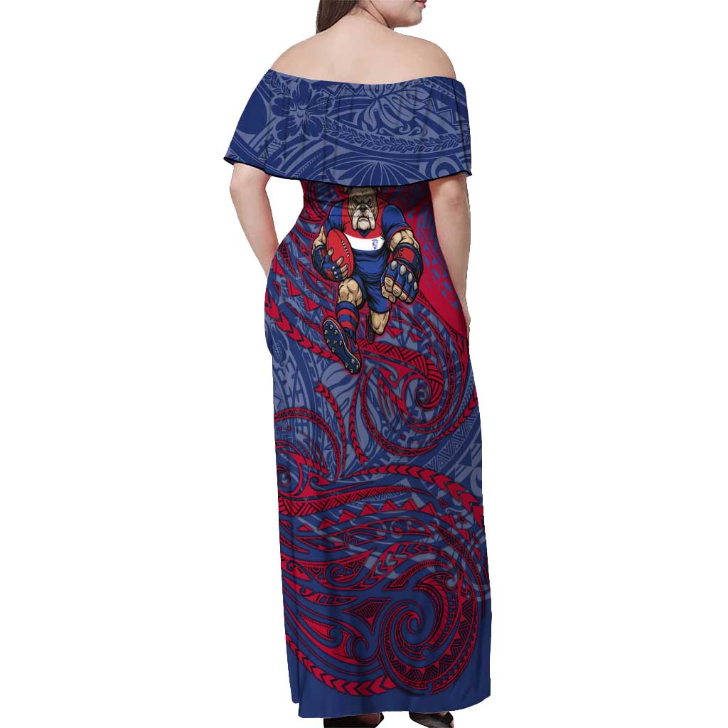 Custom Western Bulldogs Mascot Off Shoulder Maxi Dress Polynesian Tribal Swirl Dynamic - Bulldog Football