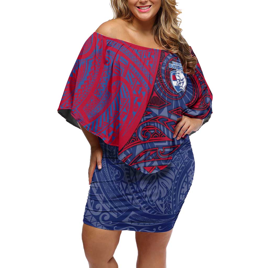 Custom Western Bulldogs Mascot Off Shoulder Short Dress Polynesian Tribal Swirl Dynamic - Bulldog Football