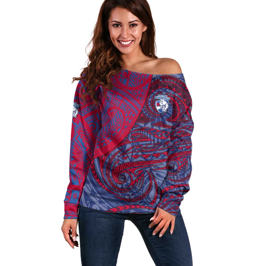 Custom Western Bulldogs Mascot Off Shoulder Sweater Polynesian Tribal Swirl Dynamic - Bulldog Football