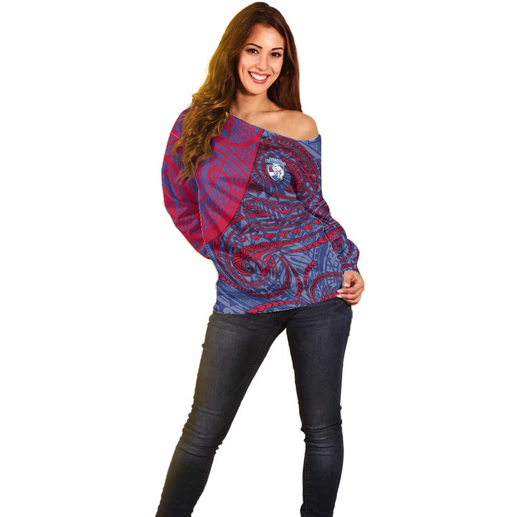 Custom Western Bulldogs Mascot Off Shoulder Sweater Polynesian Tribal Swirl Dynamic - Bulldog Football