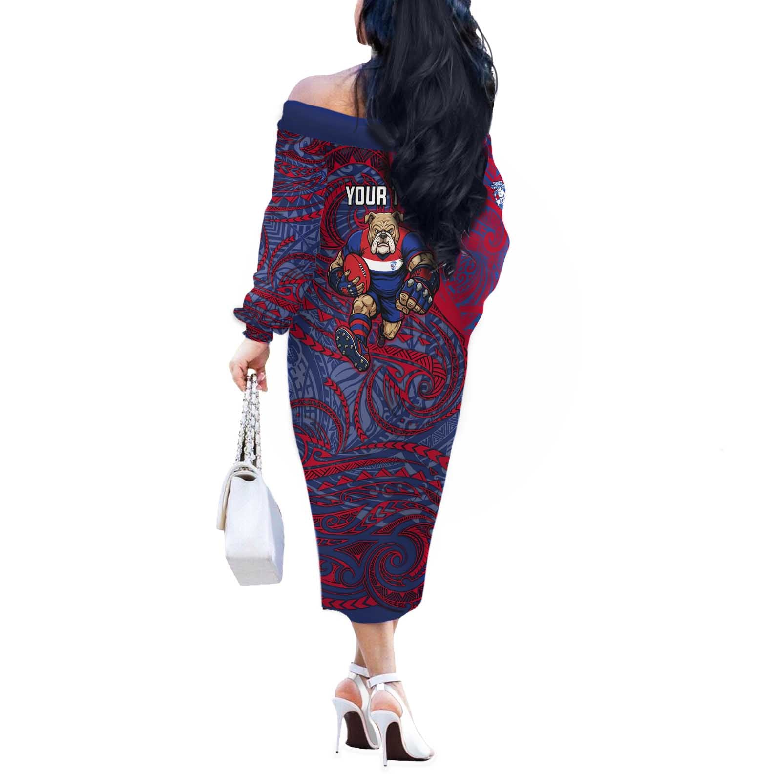 Custom Western Bulldogs Mascot Off The Shoulder Long Sleeve Dress Polynesian Tribal Swirl Dynamic - Bulldog Football