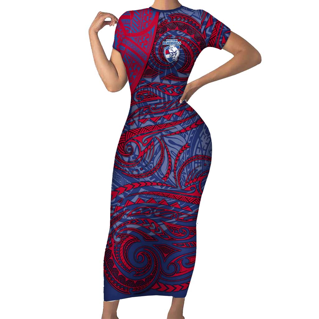 Custom Western Bulldogs Mascot Short Sleeve Bodycon Dress Polynesian Tribal Swirl Dynamic - Bulldog Football