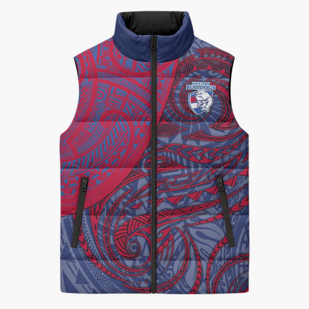 Custom Western Bulldogs Mascot Sleeveless Puffer Jacket Polynesian Tribal Swirl Dynamic - Bulldog Football