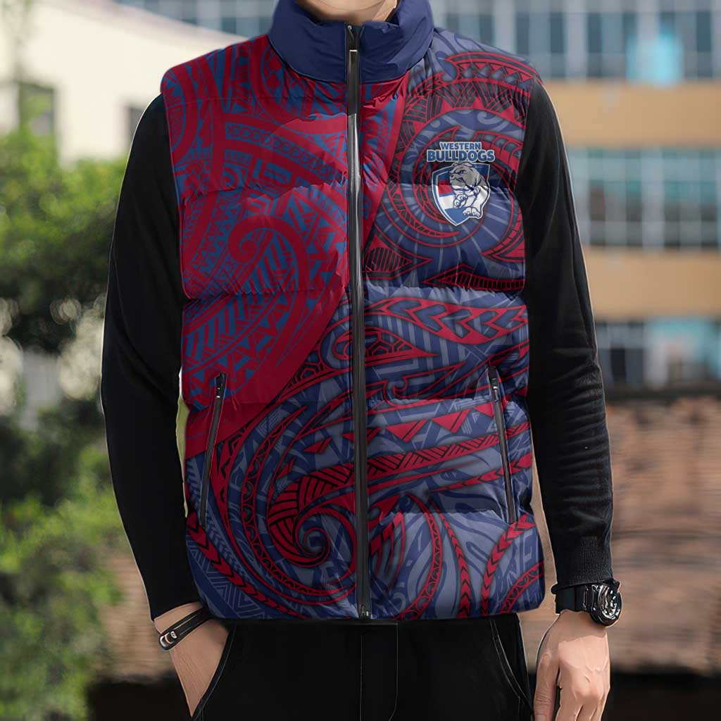 Custom Western Bulldogs Mascot Sleeveless Puffer Jacket Polynesian Tribal Swirl Dynamic - Bulldog Football