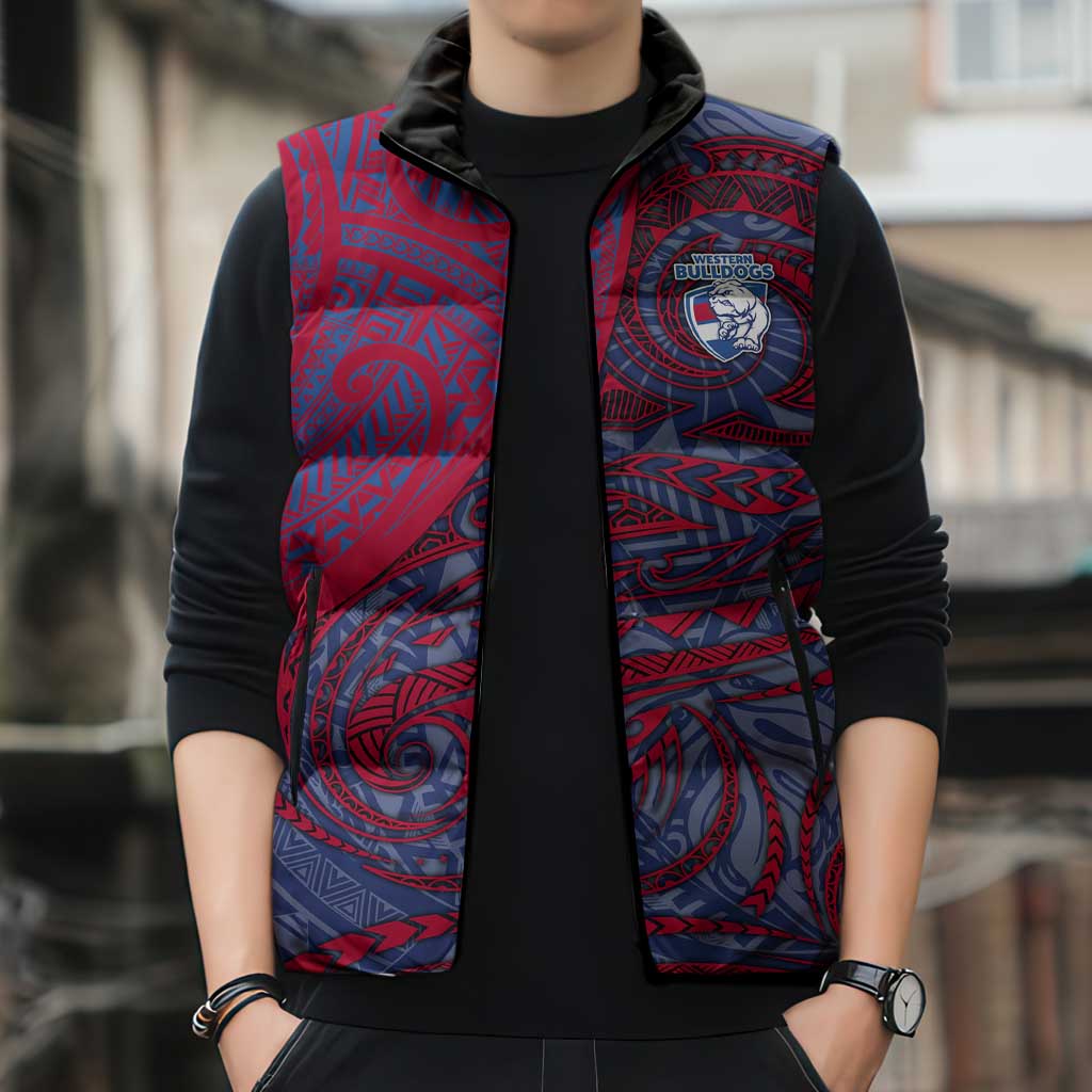 Custom Western Bulldogs Mascot Sleeveless Puffer Jacket Polynesian Tribal Swirl Dynamic - Bulldog Football