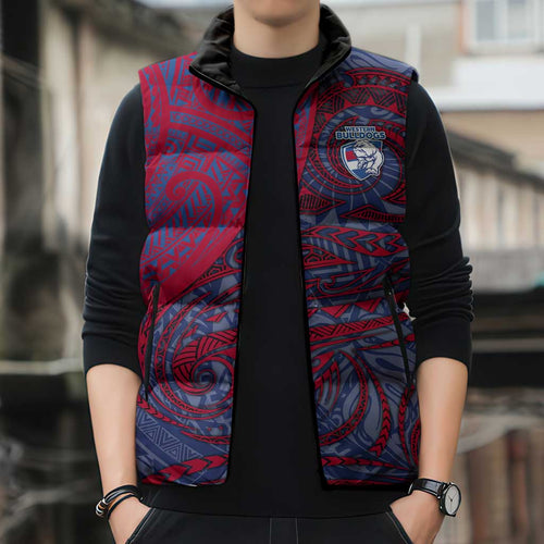 Custom Western Bulldogs Mascot Sleeveless Puffer Jacket Polynesian Tribal Swirl Dynamic - Bulldog Football