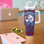 Custom Western Bulldogs Mascot Tumbler With Handle Polynesian Tribal Swirl Dynamic - Bulldog Football
