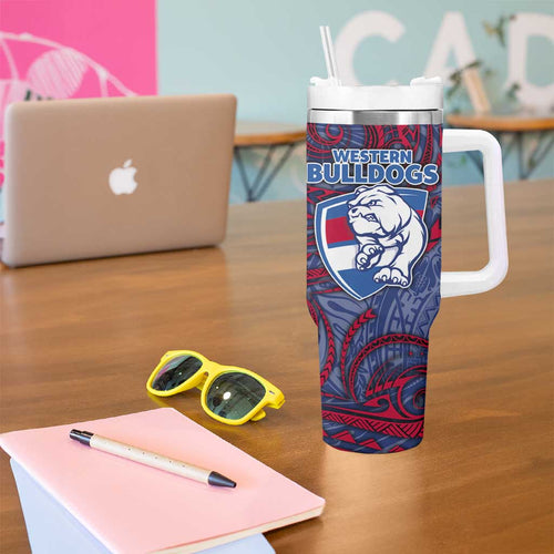 Custom Western Bulldogs Mascot Tumbler With Handle Polynesian Tribal Swirl Dynamic - Bulldog Football