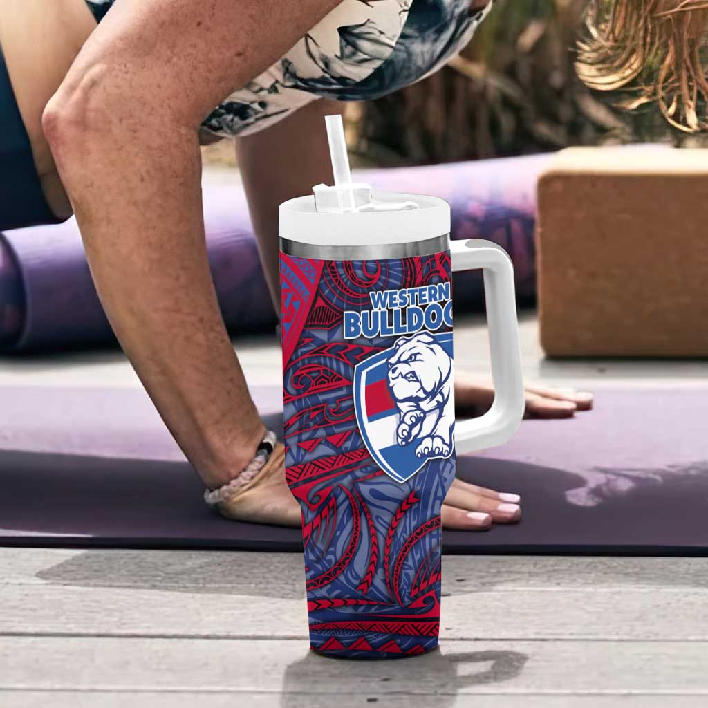 Custom Western Bulldogs Mascot Tumbler With Handle Polynesian Tribal Swirl Dynamic - Bulldog Football
