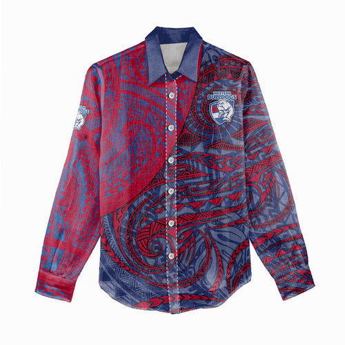 Custom Western Bulldogs Mascot Women Casual Shirt Polynesian Tribal Swirl Dynamic - Bulldog Football