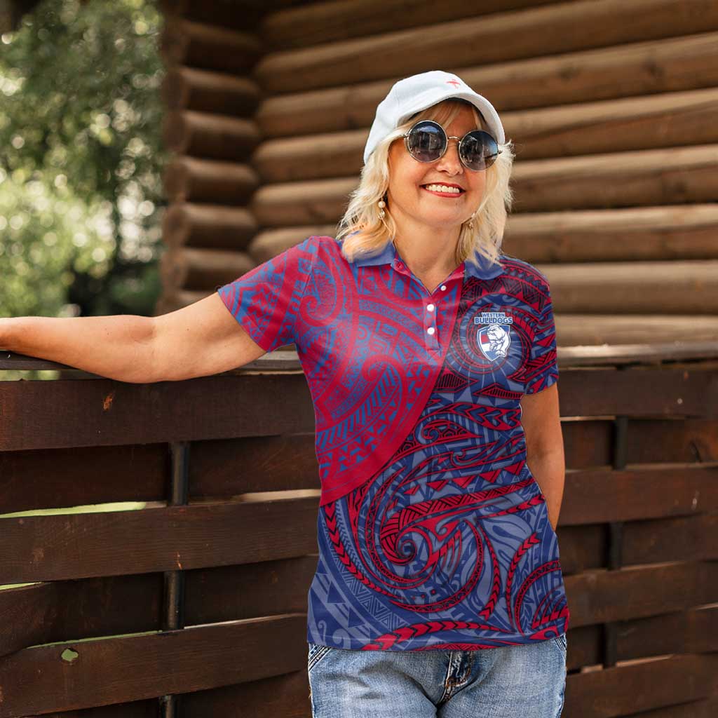Custom Western Bulldogs Mascot Women Polo Shirt Polynesian Tribal Swirl Dynamic - Bulldog Football