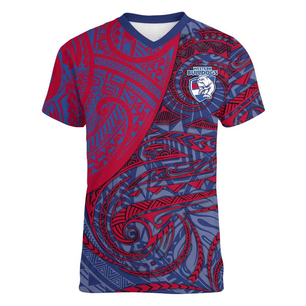 Custom Western Bulldogs Mascot Women V-Neck T-Shirt Polynesian Tribal Swirl Dynamic - Bulldog Football