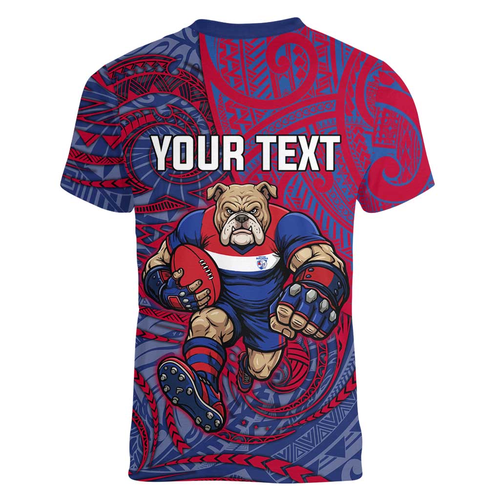 Custom Western Bulldogs Mascot Women V-Neck T-Shirt Polynesian Tribal Swirl Dynamic - Bulldog Football