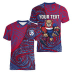 Custom Western Bulldogs Mascot Women V-Neck T-Shirt Polynesian Tribal Swirl Dynamic - Bulldog Football