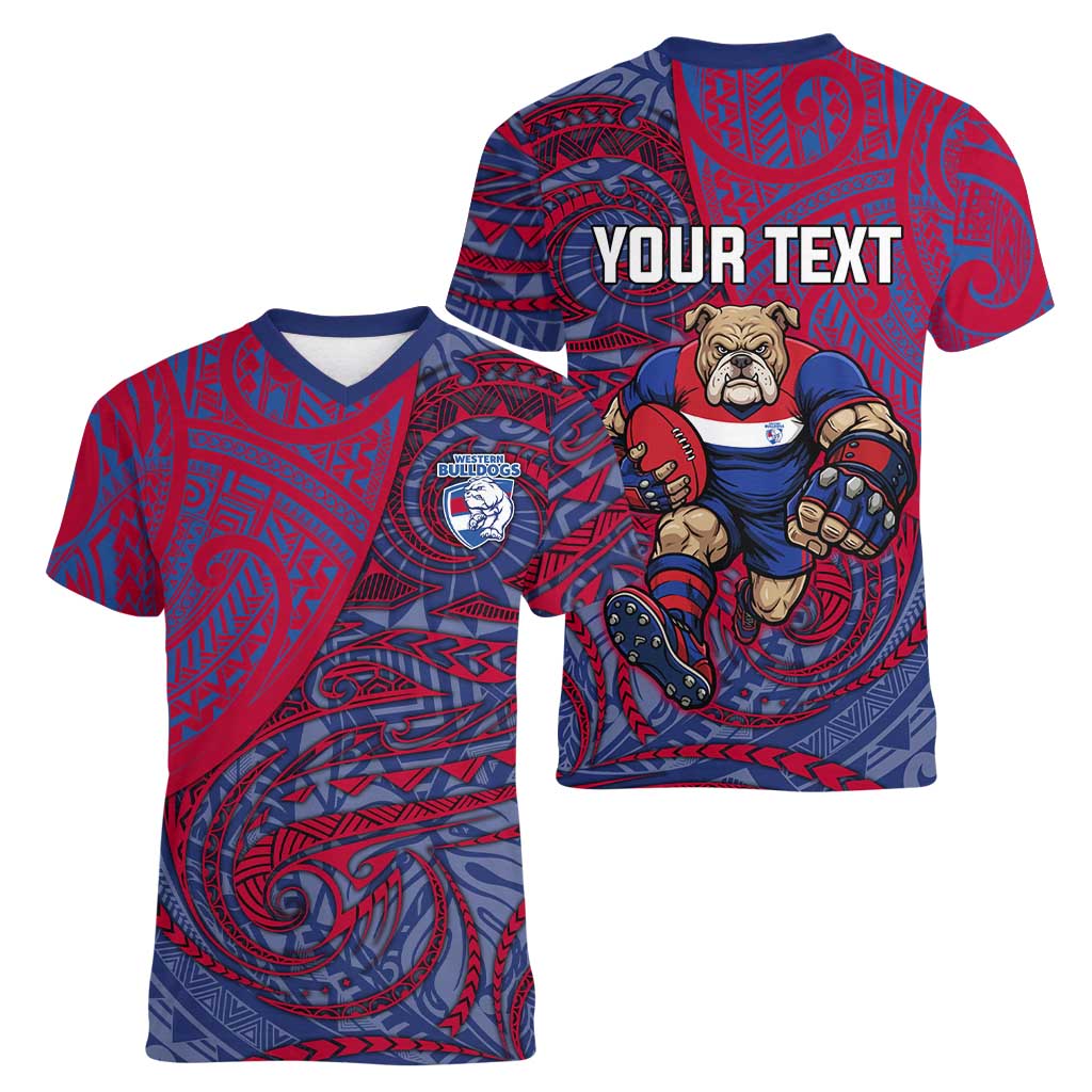 Custom Western Bulldogs Mascot Women V-Neck T-Shirt Polynesian Tribal Swirl Dynamic - Bulldog Football