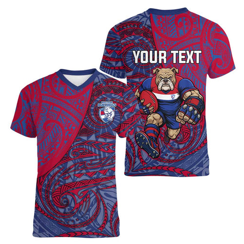 Custom Western Bulldogs Mascot Women V-Neck T-Shirt Polynesian Tribal Swirl Dynamic - Bulldog Football