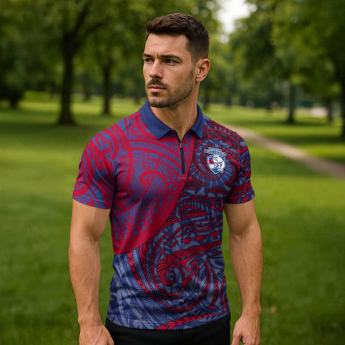 Custom Western Bulldogs Mascot Zipper Polo Shirt Polynesian Tribal Swirl Dynamic - Bulldog Football