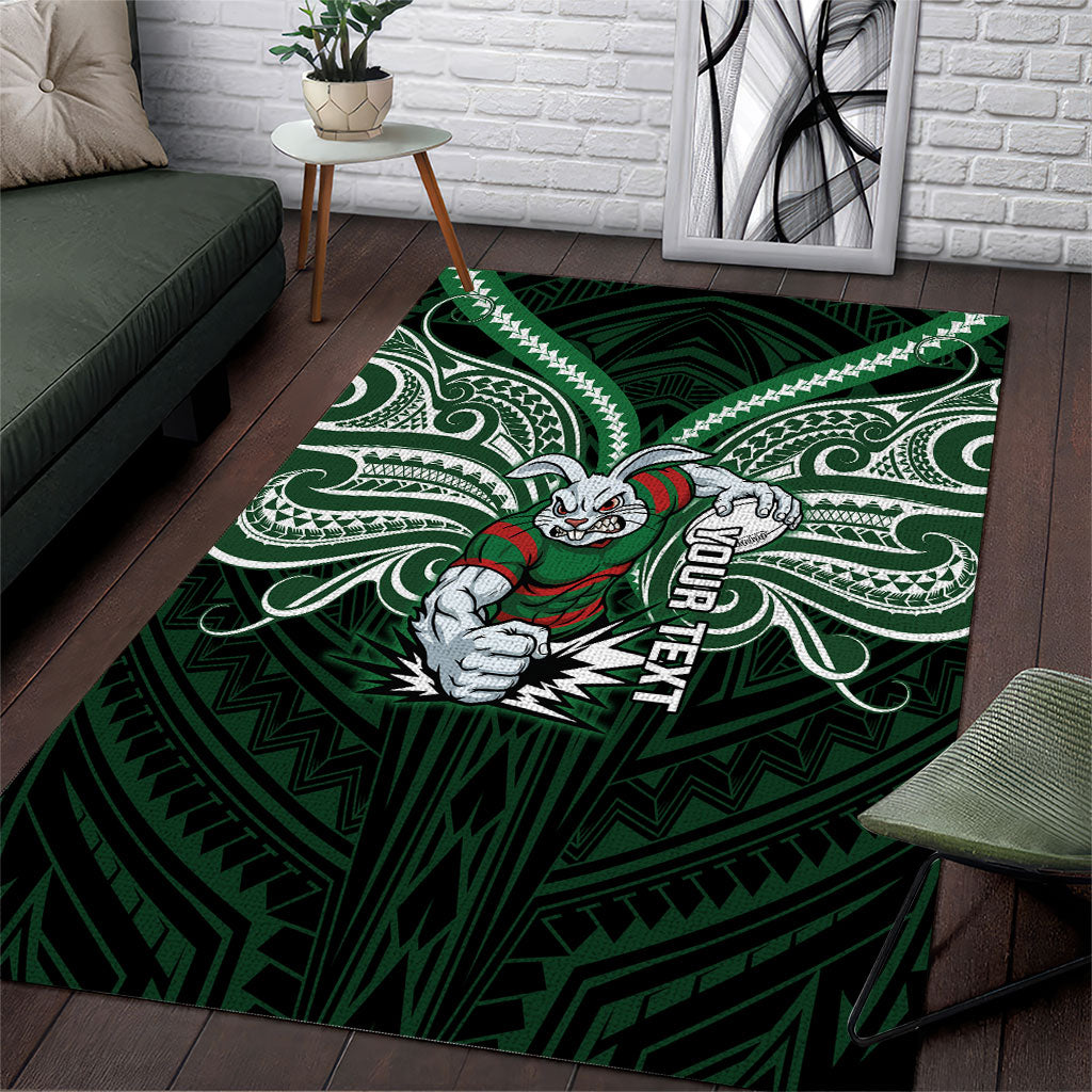 Custom South Sydney Rabbitohs Rugby Area Rug Rabbit Warrior Polynesia Islander Rugby Mascot