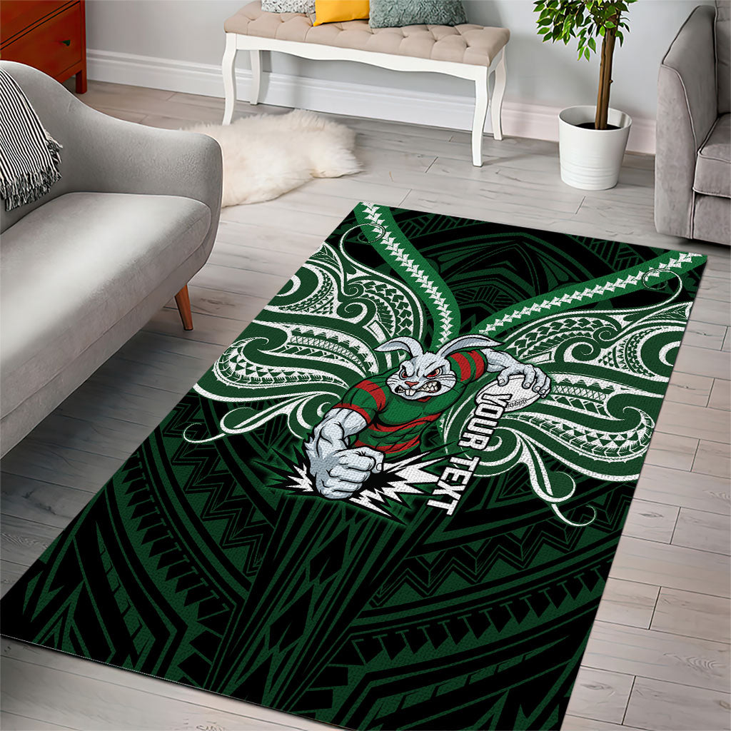Custom South Sydney Rabbitohs Rugby Area Rug Rabbit Warrior Polynesia Islander Rugby Mascot