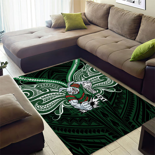 Custom South Sydney Rabbitohs Rugby Area Rug Rabbit Warrior Polynesia Islander Rugby Mascot