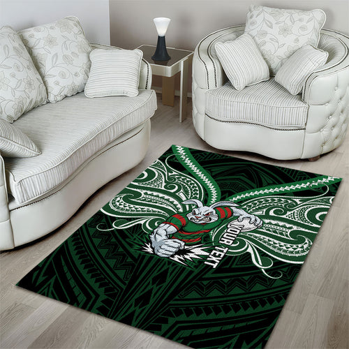 Custom South Sydney Rabbitohs Rugby Area Rug Rabbit Warrior Polynesia Islander Rugby Mascot