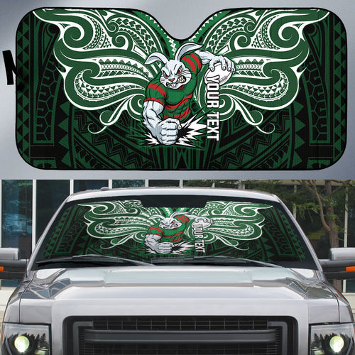 Custom South Sydney Rabbitohs Rugby Auto Sun Shade Rabbit Warrior Polynesia Islander Rugby Mascot