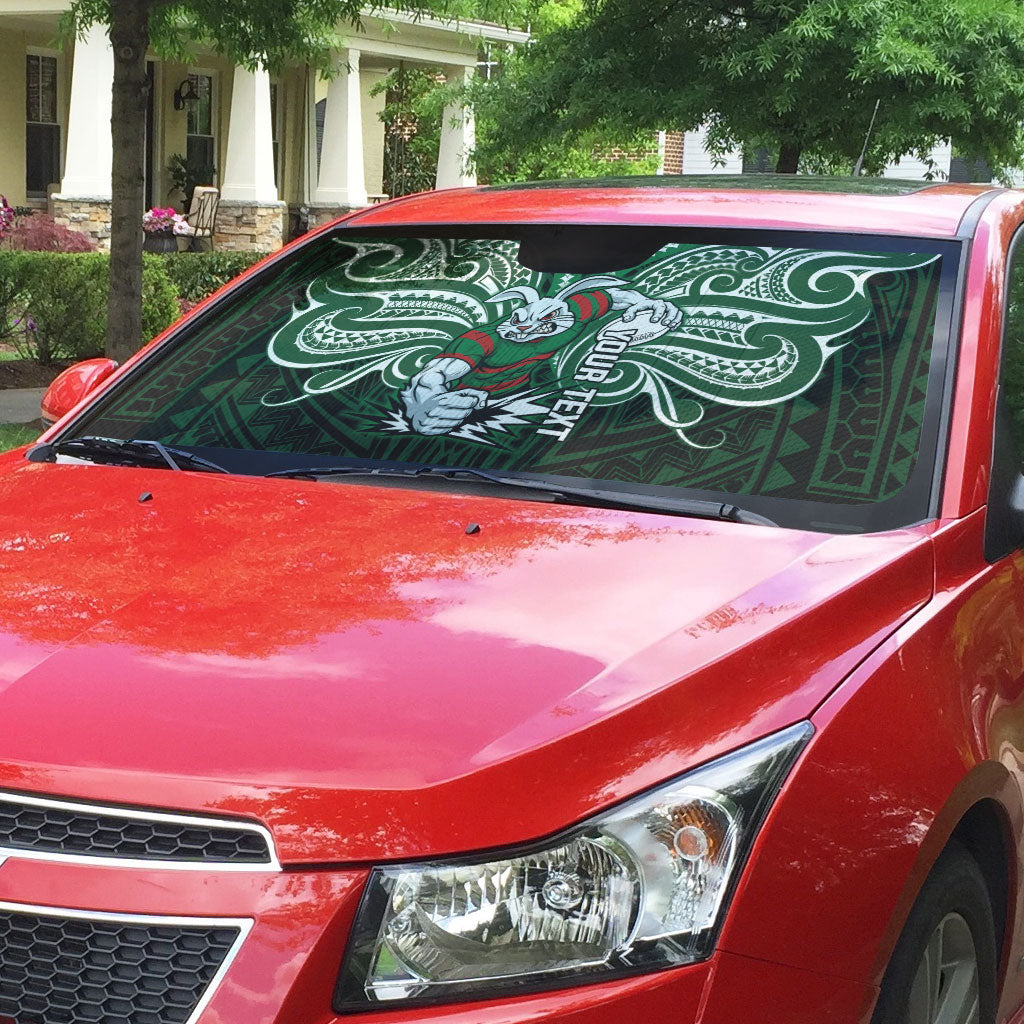 Custom South Sydney Rabbitohs Rugby Auto Sun Shade Rabbit Warrior Polynesia Islander Rugby Mascot