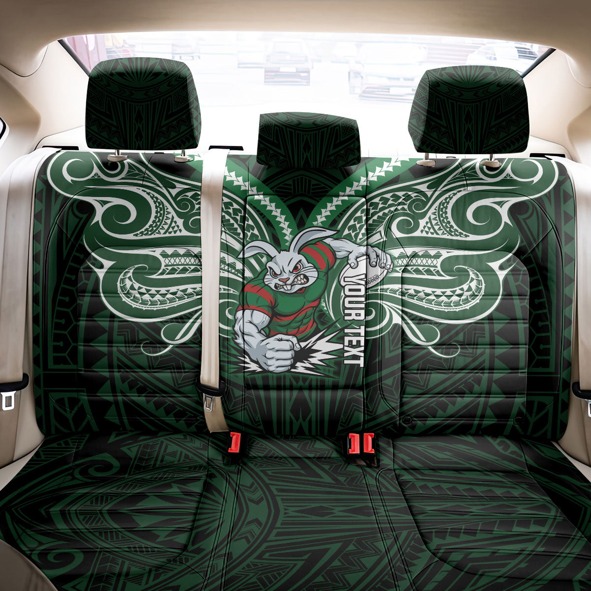 Custom South Sydney Rabbitohs Rugby Back Car Seat Cover Rabbit Warrior Polynesia Islander Rugby Mascot