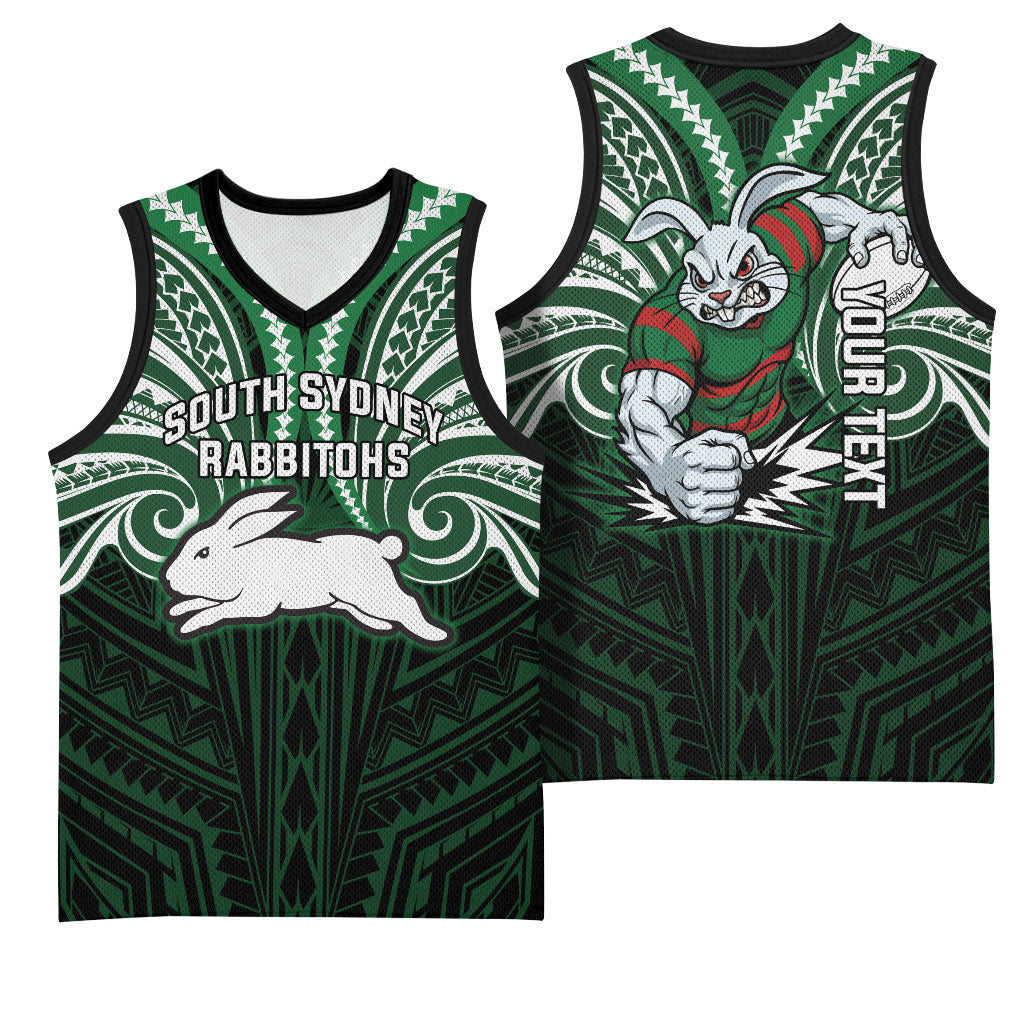 Custom South Sydney Rabbitohs Rugby Basketball Jersey Rabbit Warrior Polynesia Islander Rugby Mascot